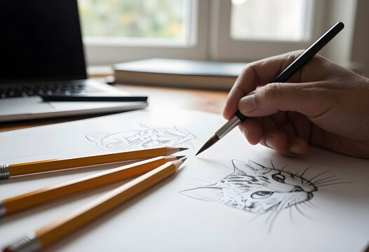 Creativity and artistic design, illustrator drawing a cat sketch with a brush and pencils on paper at a desk in a home office workspace for creative work