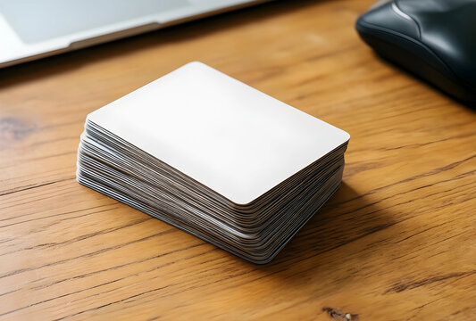 Branding and identity design, stack of blank white business cards on a wooden office desk with laptop and computer mouse for corporate marketing mockup