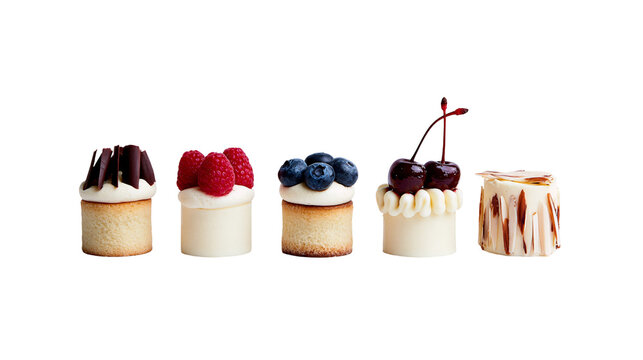 Isolated elegant small gourmet desserts featuring fruit, chocolate, and cream toppings