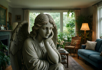 Obraz premium Grief and mourning concept, stone angel statue with pensive expression in a quiet home living room interior for funeral or memorial service background