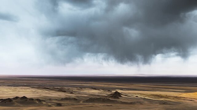 Dramatic storm clouds hang low over a vast, arid desert plain, bringing localized rain in a remote wilderness landscape.