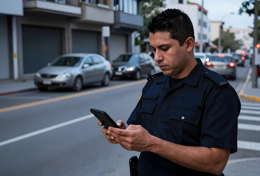 Law enforcement technology and police communication, officer using smartphone on city street for digital reporting and public safety coordination tasks