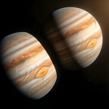 Space exploration and planetary science, two giant gas planets colliding in deep space with swirling clouds and atmospheric storms in the dark universe