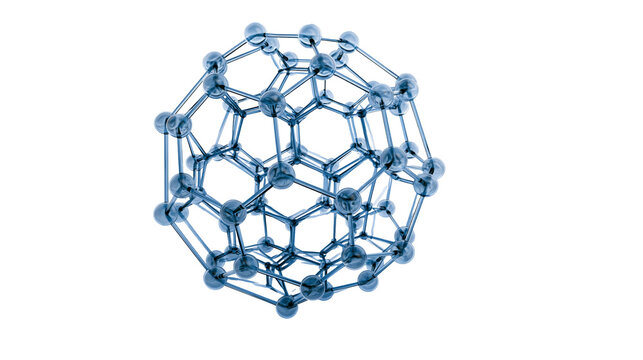 Isolated detailed 3D rendered translucent blue glassy chemical structure of buckminsterfullerene C60