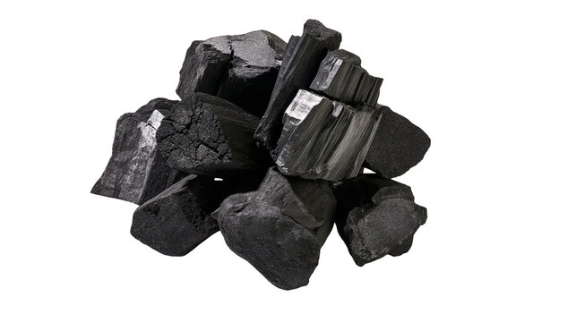 Isolated pile of natural charcoal or coal chunks, essential fuel for heating and industry