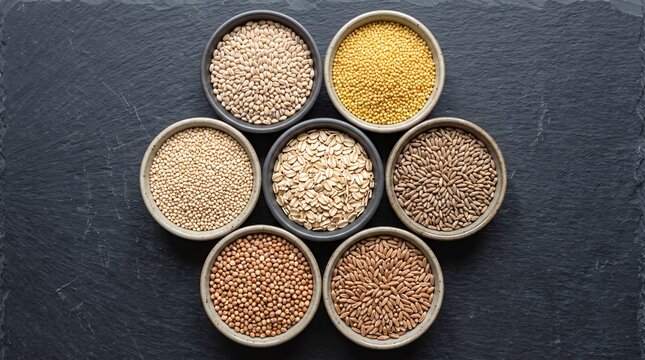 Assortment of healthy grains and cereals on dark background