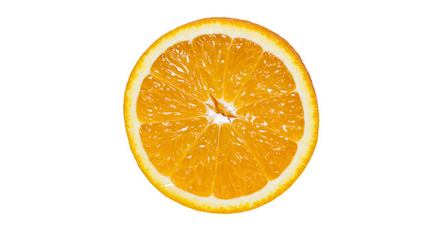 Isolated cross section of ripe fresh juicy orange fruit cut in half with peel