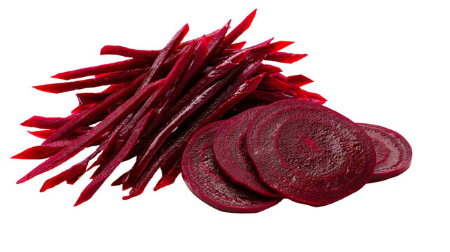 Isolated fresh raw beetroot slices and julienned sticks pile ready for healthy cooking
