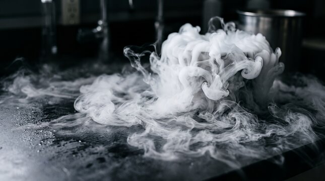 Dramatic White Smoke and Vapor on Dark Surface