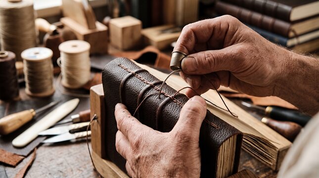 Craftsmans hands stitching a traditional leather-bound book