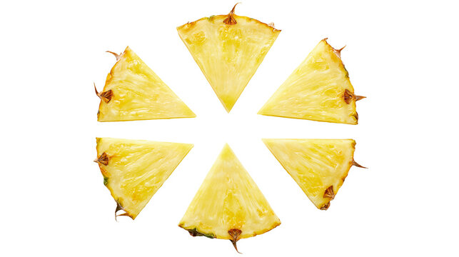 Isolated fresh pineapple slices in a circular pattern, vibrant yellow tropical fruit pieces