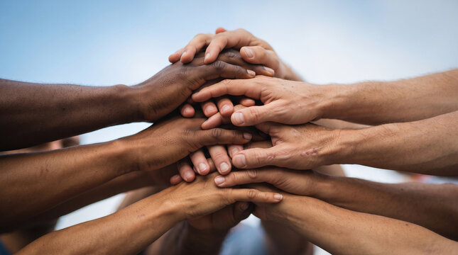 Diverse hands stacked together showing unity and teamwork against a blue sky