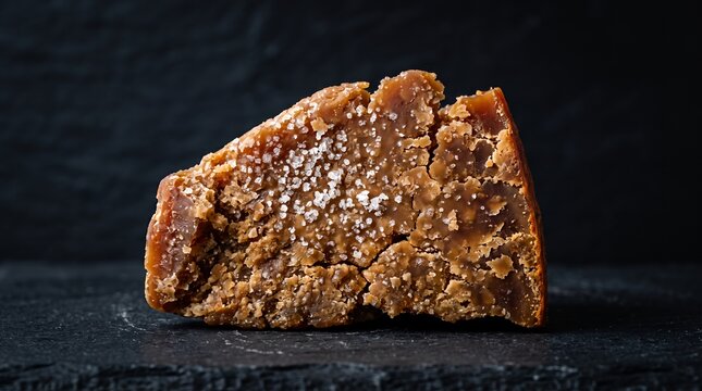 Close-up of a rustic block of jaggery with salt
