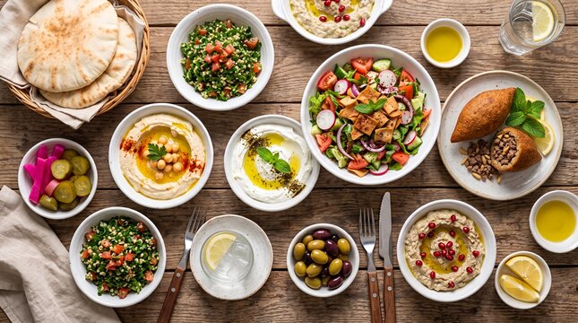 Delicious Middle Eastern Mezze Platter on Rustic Wooden Table