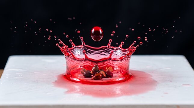 Dynamic Red Liquid Splash with Crown Effect and Droplets