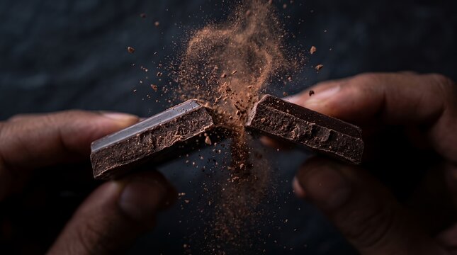 Hands Breaking Dark Chocolate Bar with Cocoa Powder Dust