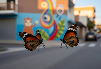 Obraz premium Transformation and metamorphosis concept, two monarch butterflies flying in urban environment with colorful mural background and soft focus street scene