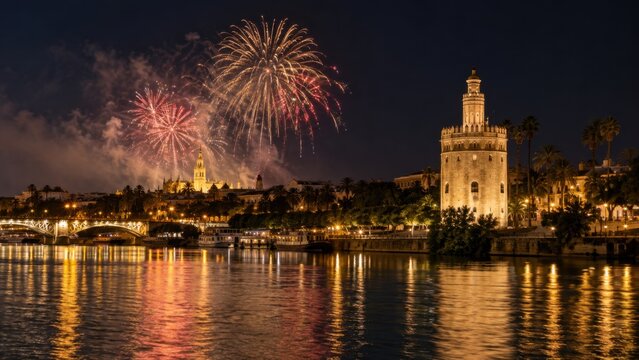 Bunte Feuerwerksk&ouml;rper leuchten &uuml;ber dem Torre del Oro und dem n&auml;chtlichen Ufer des Guadalquivir. Lichter spiegeln sich im Wasser der andalusischen Stadt.