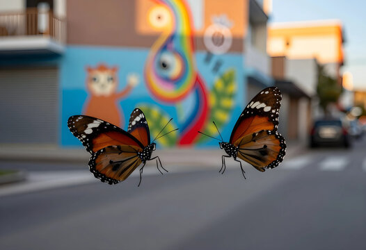 Transformation and metamorphosis concept, two monarch butterflies flying in urban environment with colorful mural background and soft focus street scene