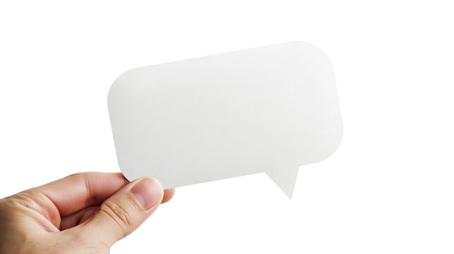 Isolated hand holding a blank white speech bubble for communication and message concept