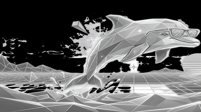 Low poly dolphin wearing sunglasses jumping over digital abstract landscape