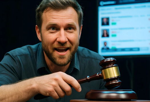 Online auction and digital bidding concept, man using a wooden gavel to finalize a sale with a computer screen showing live market data
