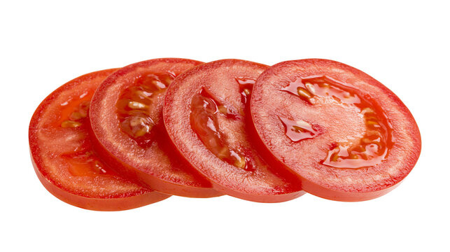 Isolated four fresh vibrant red ripe tomato slices partially overlapping, showing natural texture and juices.