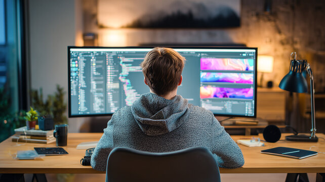 A male software developer writing program code on a wide monitor screen at a home office workstation at night. Programmer or designer working late on a project.