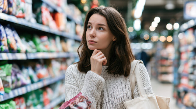 Woman comparing packaged products in a supermarket while grocery shopping, representing mindful consumption, budgeting and reducing unnecessary purchases