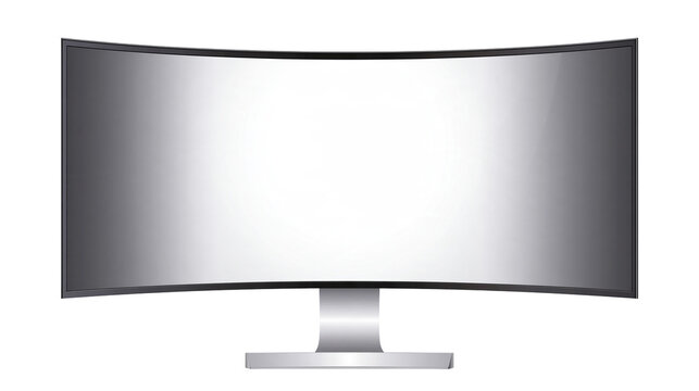 Isolated sleek curved desktop monitor with widescreen display on metallic stand.