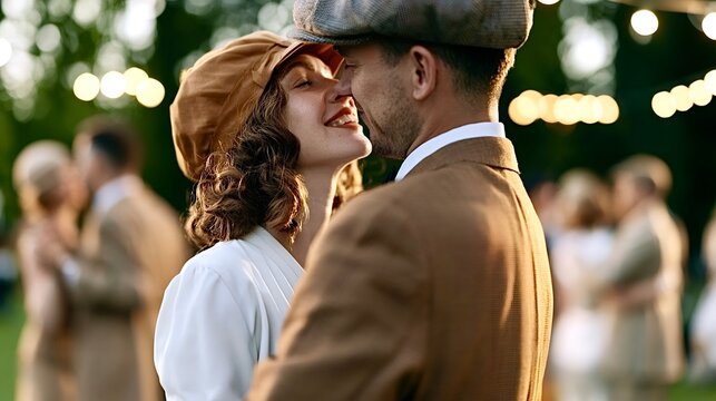 Vintage couple embracing and dancing at outdoor garden party