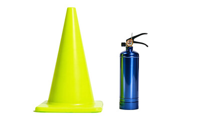 Obraz premium Isolated fluorescent yellow traffic cone and compact blue fire extinguisher for protection.