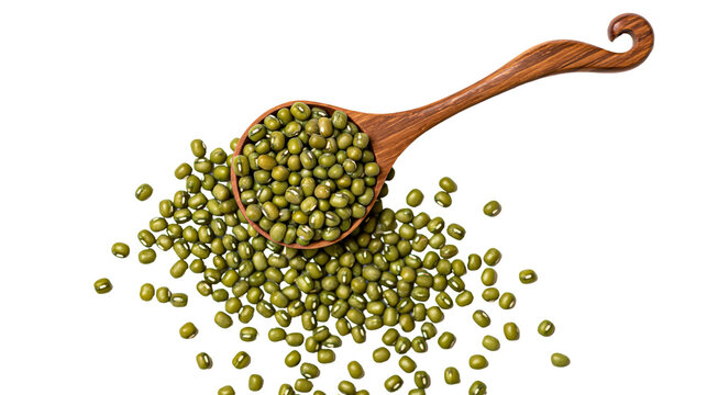 Isolated raw mung beans and a rustic wooden spoon, fresh green gram scattered for cooking.