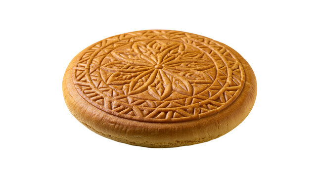 Isolated traditional round sweet bread pastry with intricate golden-brown decorative pattern