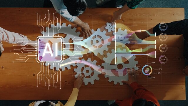 A dynamic team collaborates around a table, utilizing AI technology visualized with gears and data charts, showcasing the essence of innovation and teamwork in a modern workspace. Raster