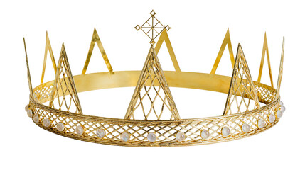 Isolated ornate gold crown with elegant woven band, embellished with pearls and cross © Niamh