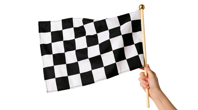 Isolated hand waving a classic black and white checkered flag, representing victory or racing