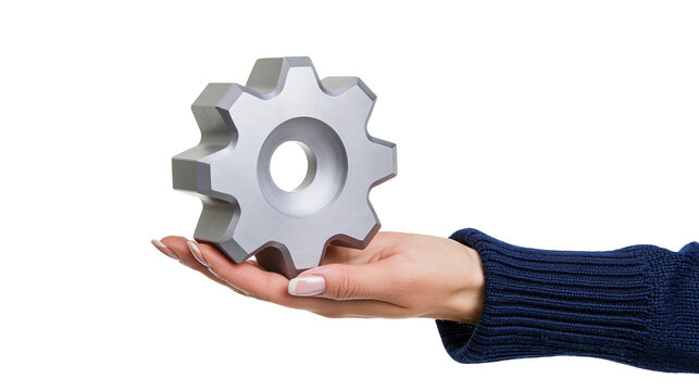 Isolated female hand carefully displaying a large silver gear, symbolizing precision and technology.
