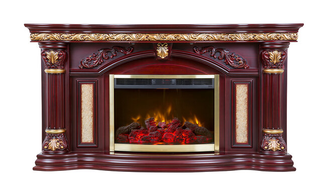 Isolated elegant electric fireplace with ornate dark wood mantel, golden carvings, and flickering flames