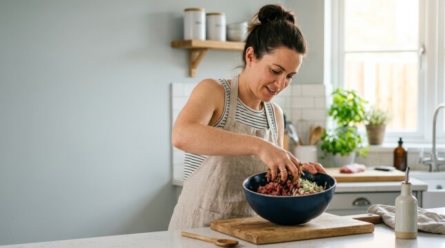 Woman preparing food, mixing minced meat and vegetables in a bowl in a bright modern kitchen with ample copy space