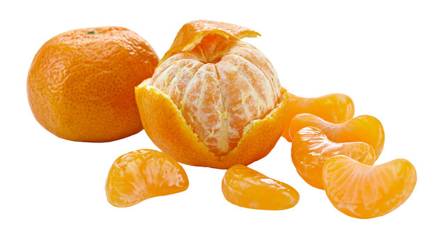 Isolated vibrant orange mandarins one whole and another partially peeled with juicy segments