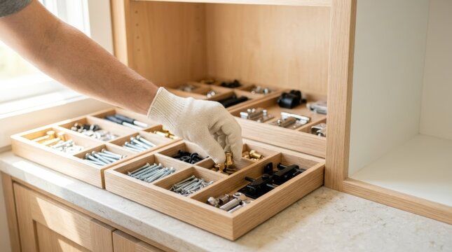 Hand in glove selects plumbing fitting from organized cabinet drawer of hardware, home improvement concept