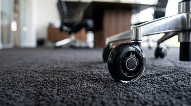 Office chair caster and metal base on dark carpet, low angle view, soft bokeh background, bright lighting