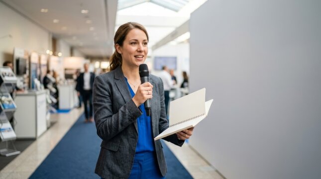 Woman Speaker Holding Microphone and Notebook in Exhibition Hall for Presentation or Event