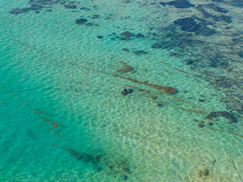 Aerial view of a lone fisherman standing in the clear turquoise shallow waters with visible coral reefs and sandy seabed in Kecamatan Denpasar Selatan, Bali, Indonesia.