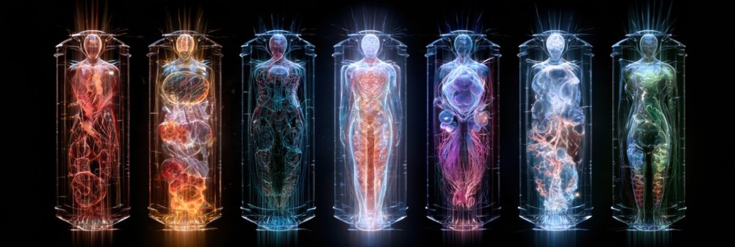 Art shows various glowing ecosystem patterns representing different gut microbiomes against a dark background. Each microbiome is unique.