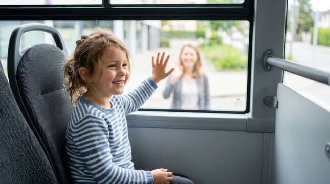 Happy child waves goodbye from bus window to parent at curbside drop-off