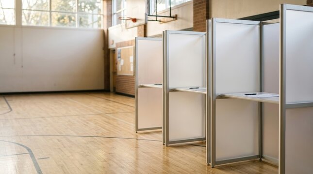 Empty voting booths set up in a sunlit gymnasium, offering privacy for elections or events, with neutral tones and clean lines.