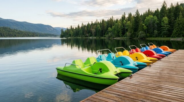 Colorful pedal boats lined up on a wooden deck by a calm lake, ready for summer recreation and water activities.