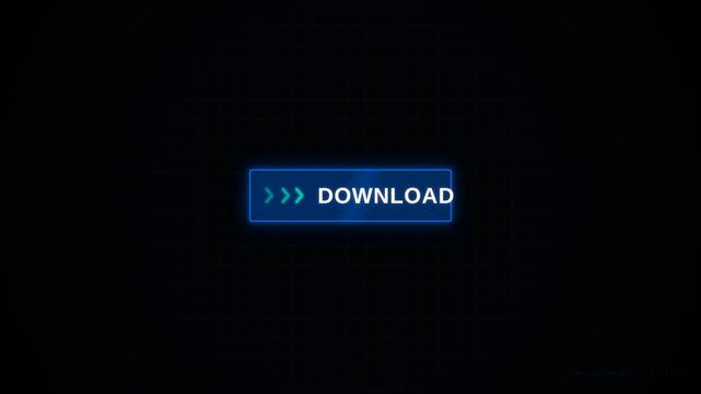 Glowing blue button with a neon download label on a dark background, representing digital file access concept for web design and app interface development